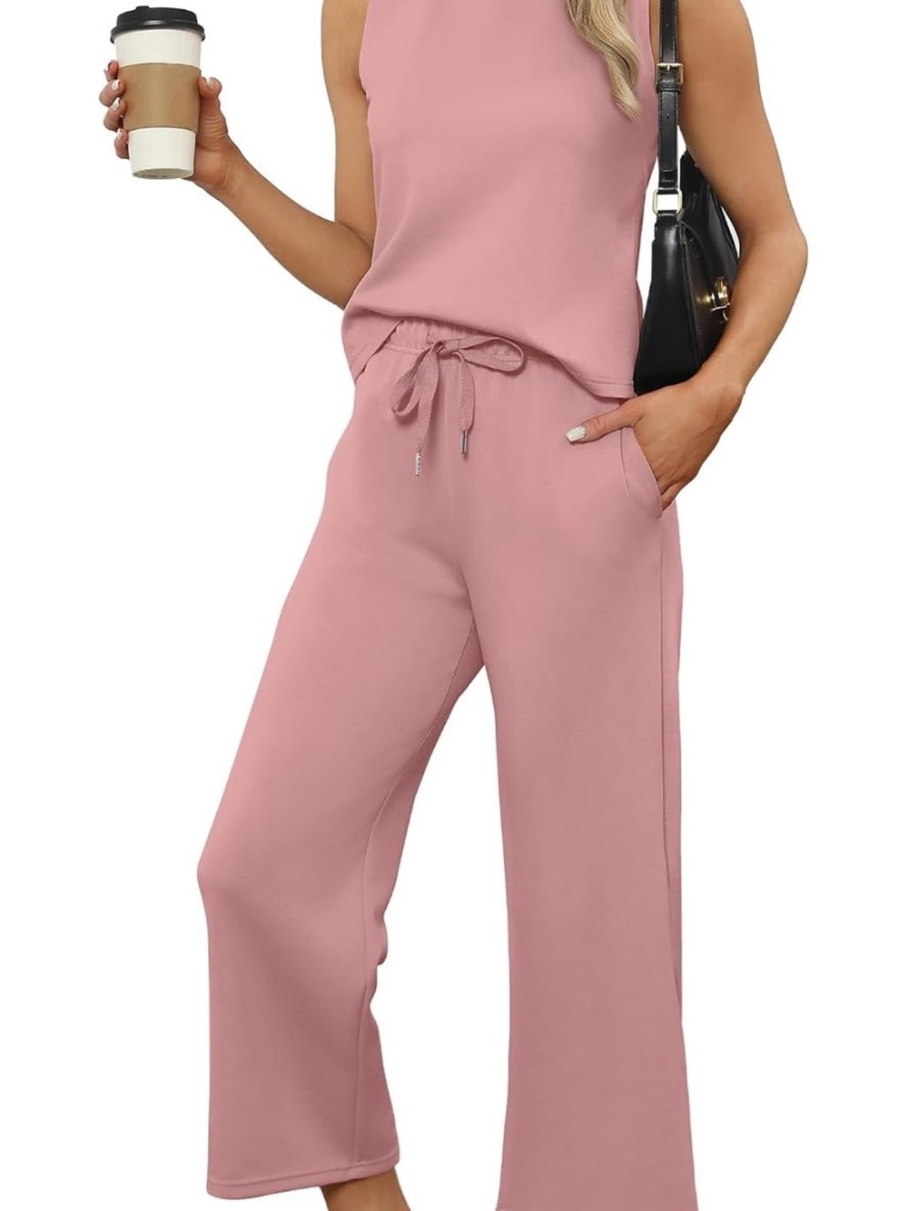 Set Women's Wide Leg Drawstring Pants  sleeveless top in Dusty Pink